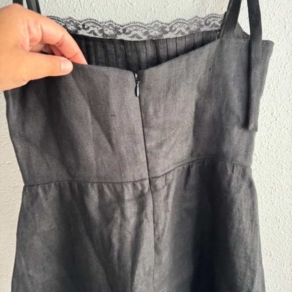 Reformation Domingo Linen Lace Pleated Bodice Bow Strap Mini Dress in Black - Picture 9 of 10